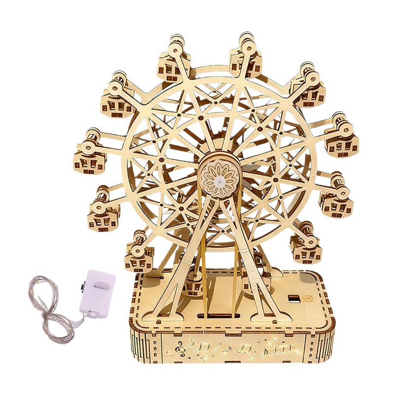 Wooden DIY puzzle, handmade assembly model, 3D rotating Ferris wheel music box, creative ornament, gift for girls.